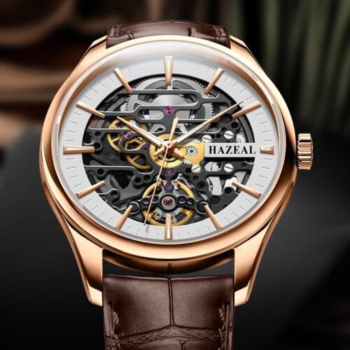 HAZEAL Luxury Men Watch Automatic Machanical Hollow Design Luminous Hands Genuine Leather Strap Sapphire Waterproof Watches