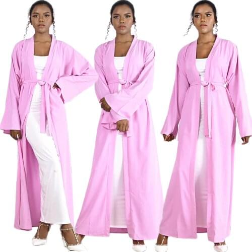 Muslim Women Open Abaya Solid Color Party Evening Long Dress With Belt Ramadan Islamic Arab Jilbba Kimono Turkish Mubarak Robe