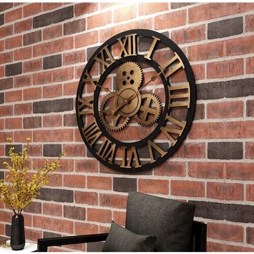 Retro wall clock wooden gear decoration living room clock mute creative wall clock personality Roman industrial style