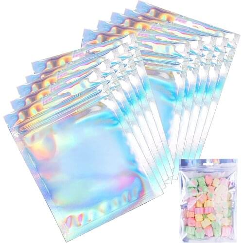 New Holographic Rainbow Film Sealed Bag Flat Bath Salt Cosmetic Bag One Side Clear Holographic Mini Aluminum Foil Zip Lock Bags