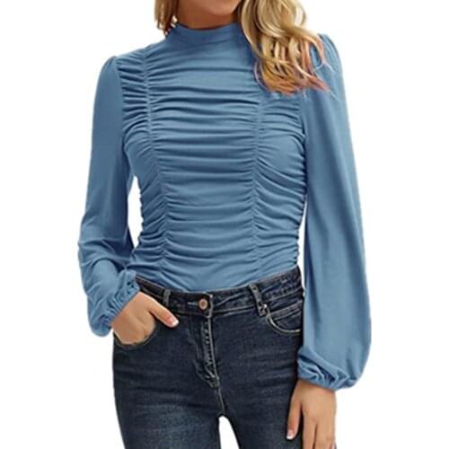 New Sutumn Women Base Blouse Tops Long Sleeve Slim Fit Tops Solid Color Pleated Lantern Sleeve Chiffon Shirt for Daily Wear