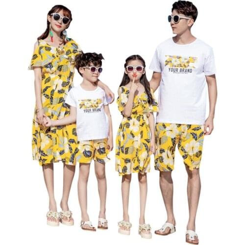 New family look Hot Summer clothing mother Girl Flower Dress father Boy cotton white shirt & Pants 2pcs/sets Holiday outfits