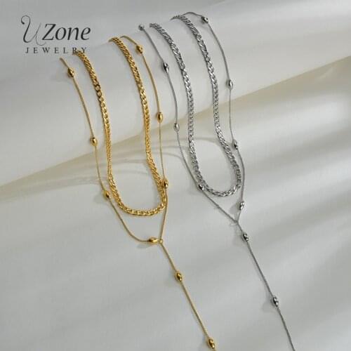 UZone New Fashion Stainless Steel Beaded Chain Necklace Bohemian Long Chain Double-layer Choker Necklaces For Women Girls Gift