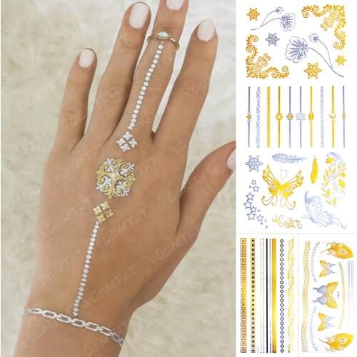 Waterproof Temporary Tattoo Sticker Metallic Gold Silver Mandala Butterfly Flash Tattoos Women Henna Body Art Fake Jewelry Tatto