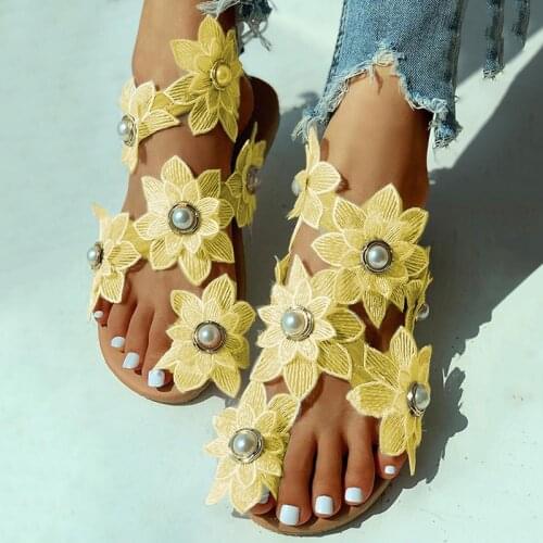 Women Sandals Pearl Flower Sandals Bohemia Summer Shoes For Women Flat Sandals Beach Shoes Flowers Flip Flops Chaussures Femme