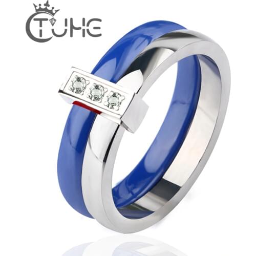 Hot Elegant Blue Ceramic Rings For Female Women Two Layer Stainless Steel Ceramic Rings With Bling Crystal Good Quality Gift