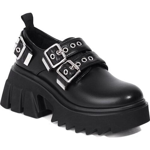 EGTPINAOP Autumn Womens Shoes Loafers Retro Platform Casual Slip-On Round-Headed Heeled Shoes Metal Buckle Decoration