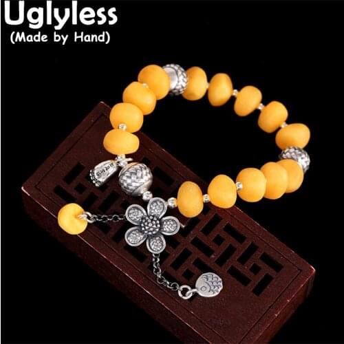 Uglyless Elastic Rope Natural Rough Gemstones Bracelets for Women Amber Beeswax Beads Bracelet 925 Sterling Silver Flowers Jewel