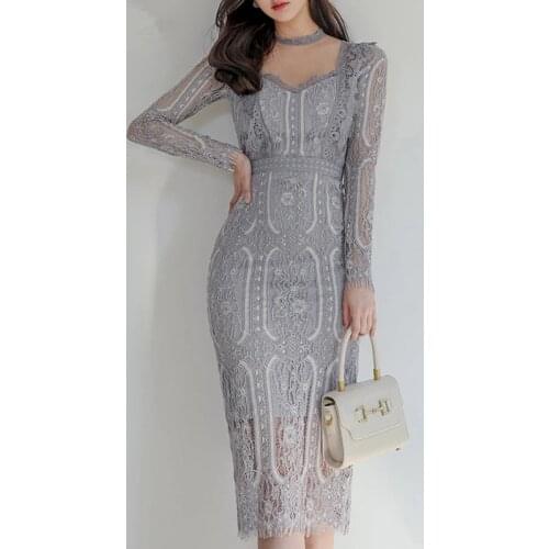 ZAWFL Elegant Ladies Slim Lace Package Hip Dress 2021 New Long Sleeve Female Pencil Split Dress Spring Women Vestidos Femme