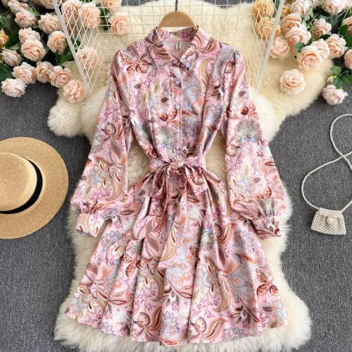 Europe Style 2021 New Fashion Autumn Women Turn Down Collar Short Sleeve Floral Print Dress Female Vinatge Dresses