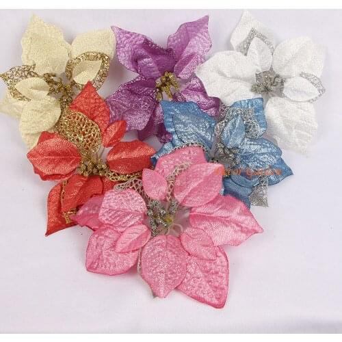 22CM 8.66 INCHES Artificial flowers silk flowers Christmas poinsettia gold glitter print flower heads home festival decor