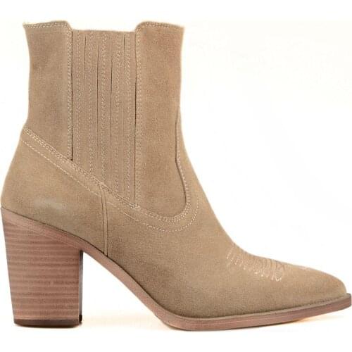 FootCourt- Beige Suede Leather Western Cowboy Ankle Boots For Women Sewing High Heel Motorcycle Winter Boots Pointed Toe Cowgirl