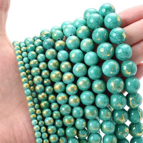 Round Water Blue Golden Jades Bead Natural Stone Beads for Jewelry Making DIY Bracelet Necklace Accessories 4/6/8/10/12mm