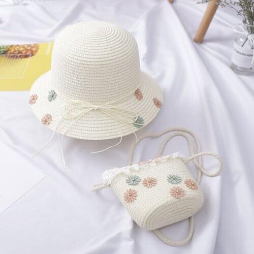 Girls Kids Beach Bag Bucket Breathable Cap Straw Bag Sun Hat+Shoulder Handbag Bags Set /BY