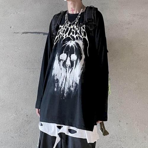 Long-sleeved T-shirt Couple T Shirt Women Streetwear Goth Tops Harajuku Skull T Shirt Funeral Graffiti Dark High Street Loose