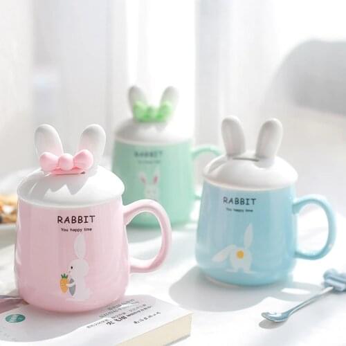 Cute 3D Cartoon Rabbit Ceramic Coffee Mug with Lid and Bow Spoon Cartoon Porcelain Bunny mug Cup Coffee Milk Tea Cup Drinkware