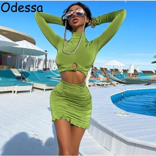 Odessa Sexy Bodycon Mini Dress Sets Long Sleeve Winter Fall Turtleneck Hollow Ruched Party Club Outfit Women Skirts Two Pieces