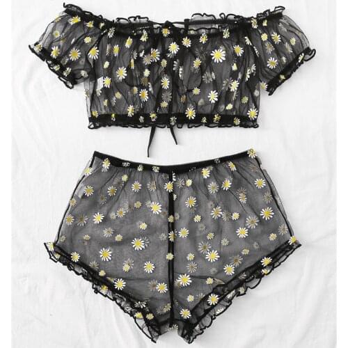 Sweet Sexy Floral Off Shoulder 2Pcs Sets See Through Lingerie Women Transparent Tops+Shorts Panties Babydoll Sleepwear
