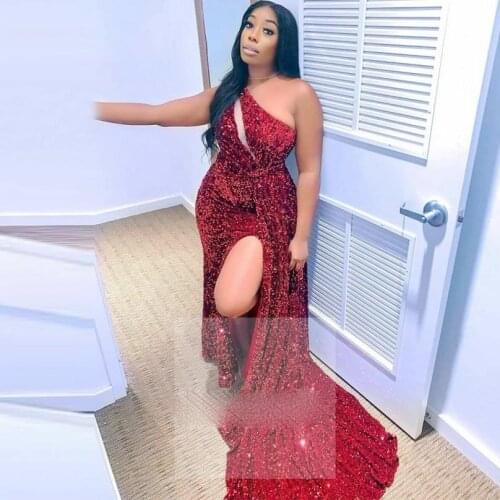 2020 Red Sequined Prom Dresses One Shoulder Black Girls Formal Wear Side Split Evening Dress Mermaid Women Gowns Vestidos cockta