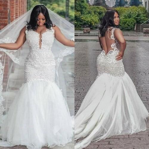 Lace African Mermaid Wedding Dresses Plus Size Backless Court Train Tulle Applique Sexy Bride Gowns