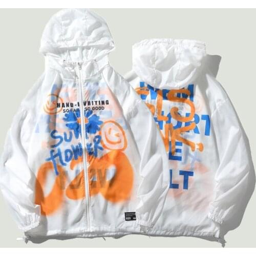 Mens Printed Loose Sun-Proof Clothing Zipper Hooded Jackets Outdoor Summer Quick Dry Thin Sun Protection Clothing Mens Coats