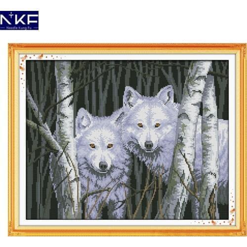 NKF Wolves In Woods Cross Stitch Patterns Handmade Craft Needlework Embroidery Kit Animal Cross Stitching Set for Home Decor