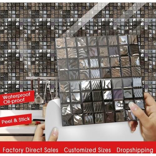 10pcs/set Dark Gray Flat Mosaic Tiles Wall Sticker Printed in 2D Transfers Cover for Kitchen Bathroom Waterproof PVC Wall Decals