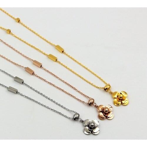 Fashion Stainless Steel Small Square Love Camellia Flower Pendant Necklaces Rose Gold Color Women Lady Party Gift