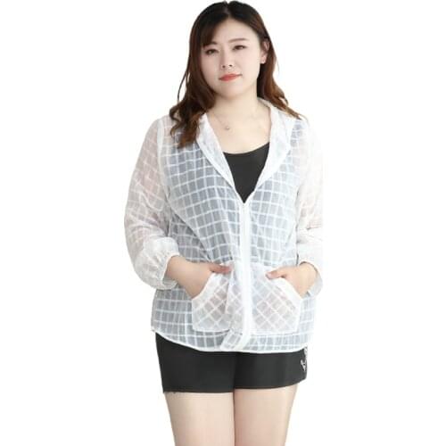 Hooded Thin Plaid Women Tops Windbreaker Long Sleeve Pockets Casual Jacket for Women Outerwear 4XL to 10XL Plus Size Coat T61028
