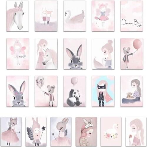 Nordic Watercolor Cartoon Unicorn Deer Rabbit Girl Canvas Painting Flower Poster Swan Wall Pictures Kids Room Home Decoration