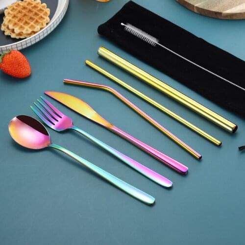 7pcs/set 304 Stainless Steel Cutlery Set tableware set Dinnerware Set Reusable with Metal Straw Flatware