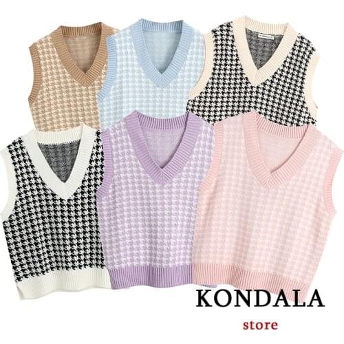 Za 2021 Fashion Vintage Womens Sweater England Knitted Vest Plaid Sleeveless Sweaters Women Chic Female Pullovers Tops