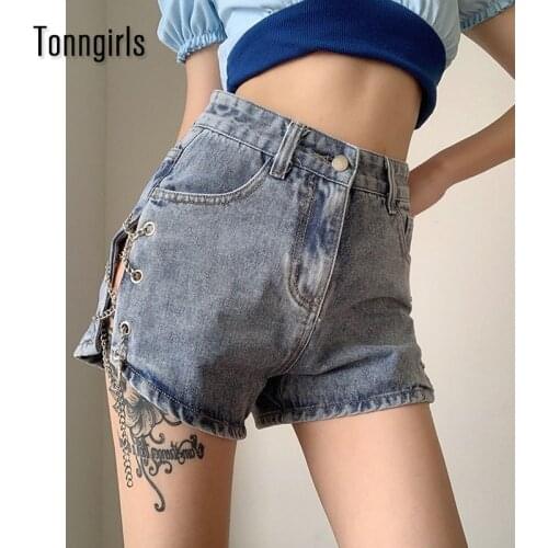 Tonngirls Korean Style Side Cross Chain Hollow Out Shorts Jeans Women High Waist Denim Sexy High Street Summer Short Pants 2021