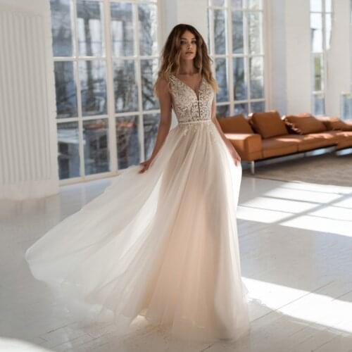 UZN Gorgeous A-Line Lace And Tulle Wedding Dress V-Neck Sleeveless Beading Bridal Gown Sexy Backless Brides Dress With Belt