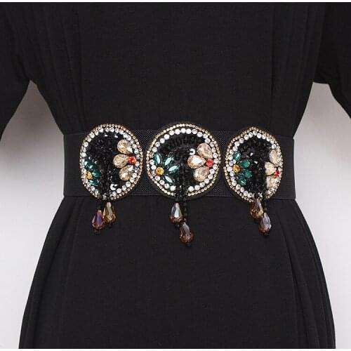 Womens Runway Fashion Diamonds Beaded Elastic Cummerbunds Female Dress Corsets Waistband Belts Decoration Wide Belt TB1852