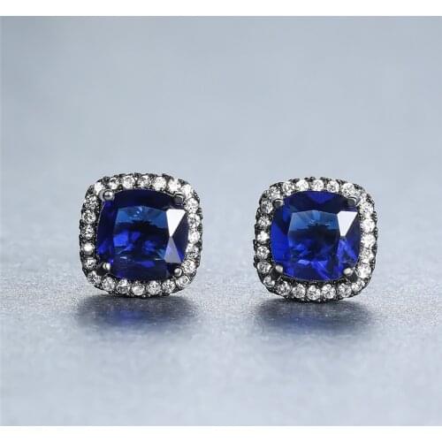 Blue Crystal Square Zircon Stud Earrings For Women Wedding Jewelry Vintage Fashion Black Gold CZ Stone Earrings Engagement Gifts