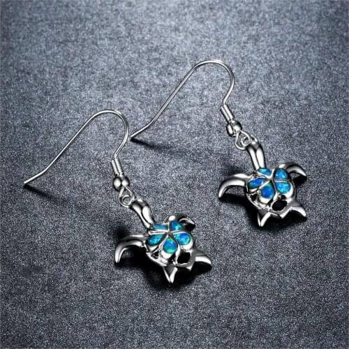 Bamos Cute Blue Fire Opal Drop Earrings Sea Turtle Dangle Earrings For Women Silver Color Animal Wedding Jewelry