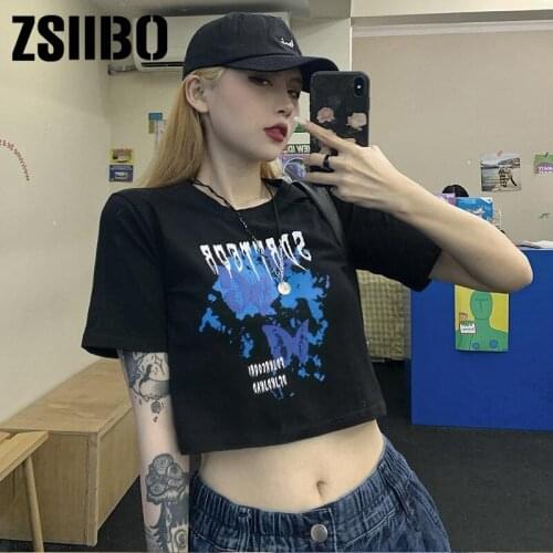 Vintage Tops Goth T-shirt Women Bodycon Black T-shirts Gothic Streetwear Sexy Female Top Tee Butterfly print accessory album