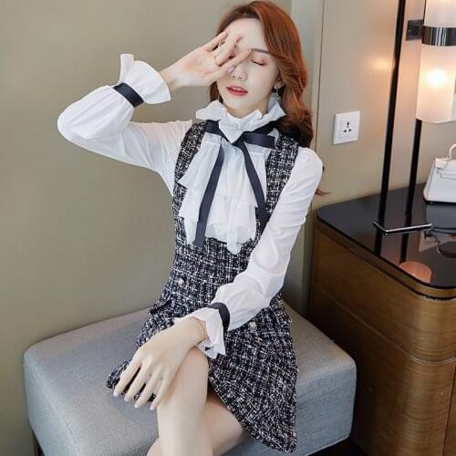 2021 Autumn Winter 2 Piece Set Overalls Dress Women Elegant Ruffles Chiffon Bow Shirt Top+Double Breasted Plaid Tweed Vest Dress