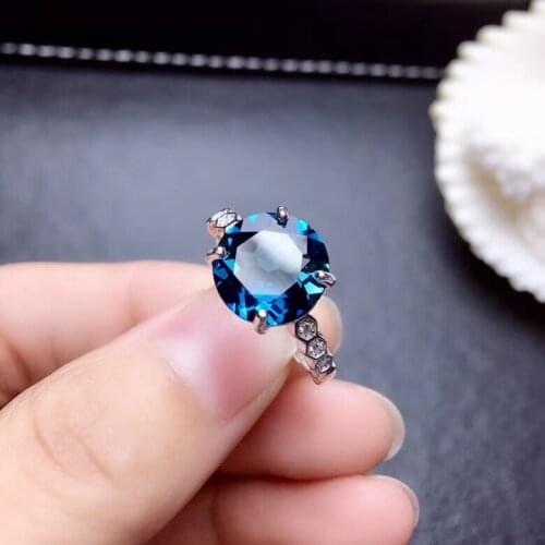 Fashion elegance round cirque Natural blue topaz Ring S925 Silver Natural gemstone Ring girl Womens party gift fine Jewelry
