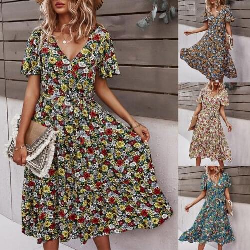 2021 Women Spring Sexy Short V Neck Print Dress Bohemian Women Dress Floral Print High Waist V Neck Short Sleeve Dress for Beach