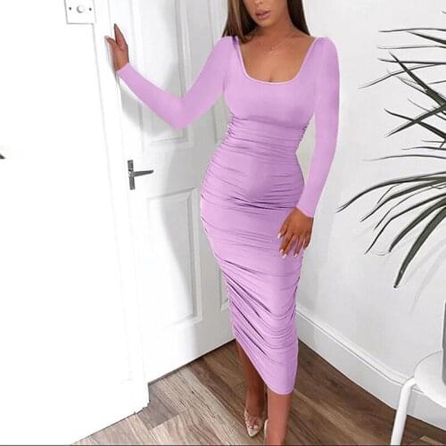 Ruched Long Sleeve Party Autumn Elegant Midi Dress Women Bodycon Square Collar 2021 Clubwear Winkle Draped Skinny Dresses M0645