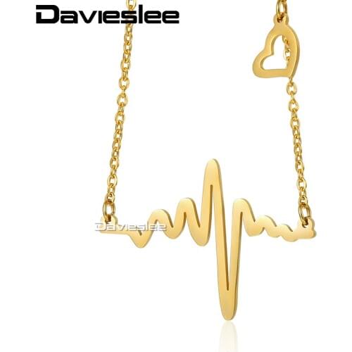 Davieslee Heartbeat Pendant Necklace for Women Gold Silver Color Stainless Steel Heart Rhythm Womens Necklaces LKNM145