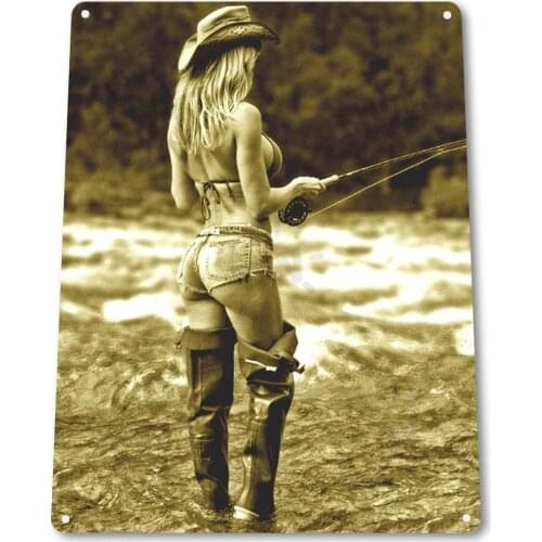 Tin Sign Open Fly Season Pin-up Sexy Girl Fishing Hot Rod Reel Fish Metal Tin Sign Decor Iron Painting Wall Decor