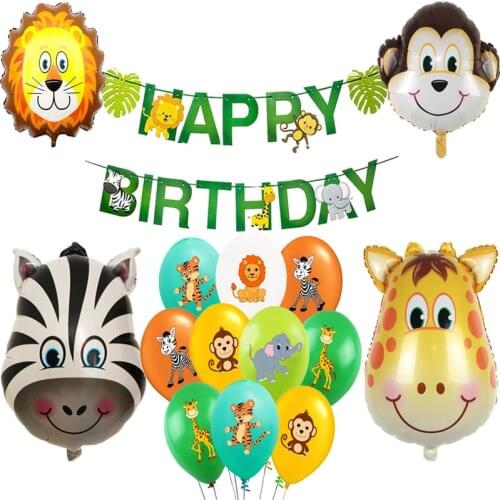 1set Animal Latex Balloons Jungle Wild Lion Zebra Giraffe Animal Party Supplies Banner Happy Birthday Balloon Decorations Boy