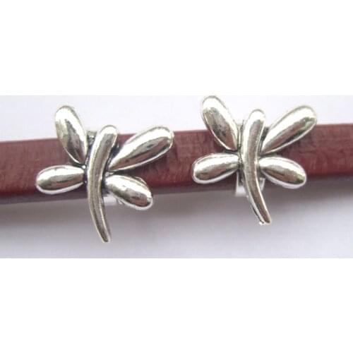 10Pcs Antique Silver Color Dragonfly Licorice Slider Spacer Beads For 10x6mm Leather Bracelet Jewelry Findings