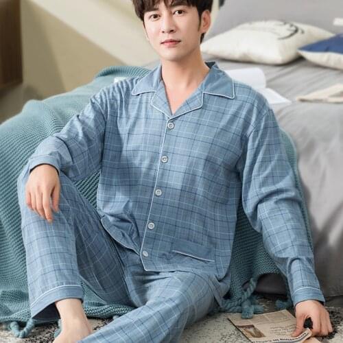 100% Cotton Pijama for Men 2 Pieces Lounge Sleepwear Pyjamas Plaid Spring Bedgown Home Clothes Man PJs Pure Cotton Pajamas Set