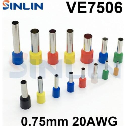 1000pcs/lot Crimp Terminal VE7506 tube pre insulating terminal Bootlace Ferrules AWG20 0.75mm^2 Brass