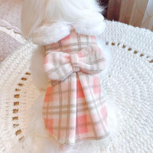 Big Bow Tie Pet Cat Clothes Tartan Dog Coat Winter Soft Fake Fur Collar Split Dress Sleeveless Vest Jacket For Princess Girls XS