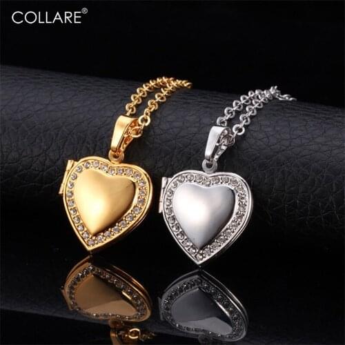 Collare Heart Locket Pendant Gold/Silver Color Crystal Rhinestone Women Gift Jewelry Photo/Memory Locket Necklace Women P292